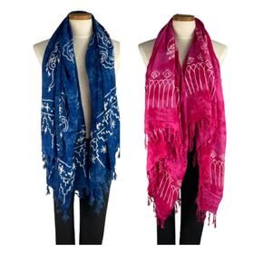 Cabali Batik Scarf Beach Sarong Wrap Cover Up Set of 2 Blue Pink Tie Dye Gypsie